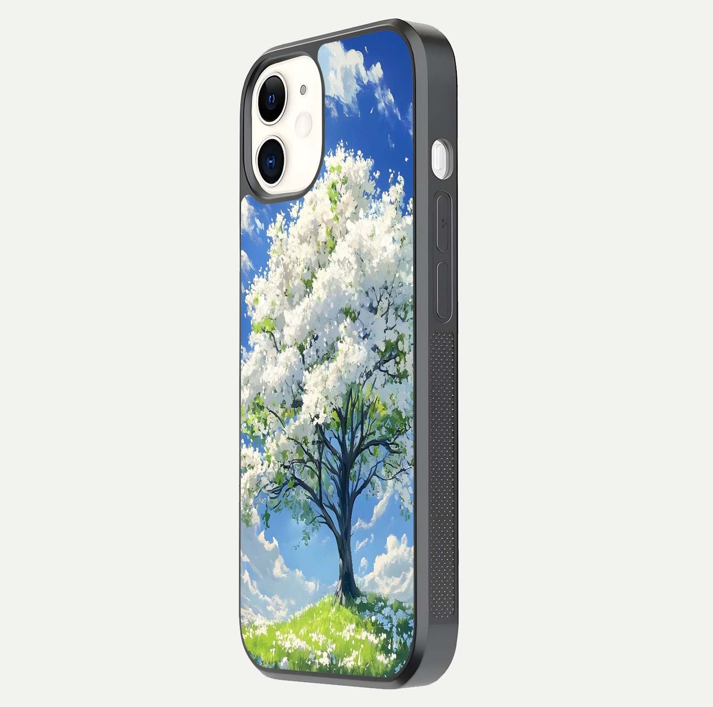 Blossom Sky Serenity Glass Case for iphone-12 side-angle image showing elegant edge flow and light reflection
