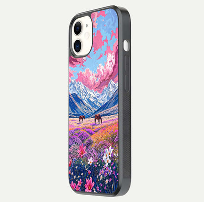 Blossom Valley Dream Glass Case for iphone-12 side-angle shot showcasing bloom tones and gloss texture