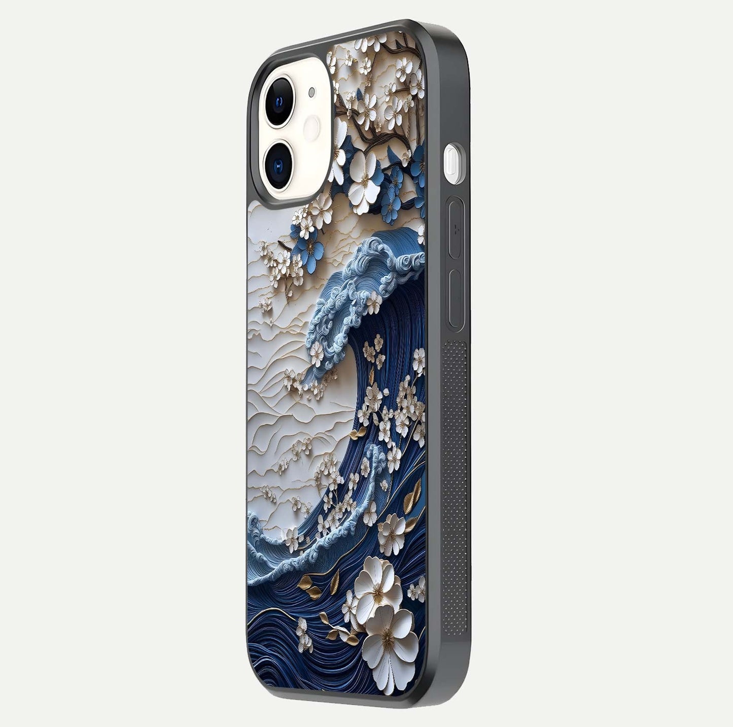Blossom Wave Art Glass Case for iphone-12 side-angle view showing wave-flow print and gloss edge finish