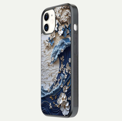 Blossom Wave Art Glass Case for iphone-12 side-angle view showing wave-flow print and gloss edge finish