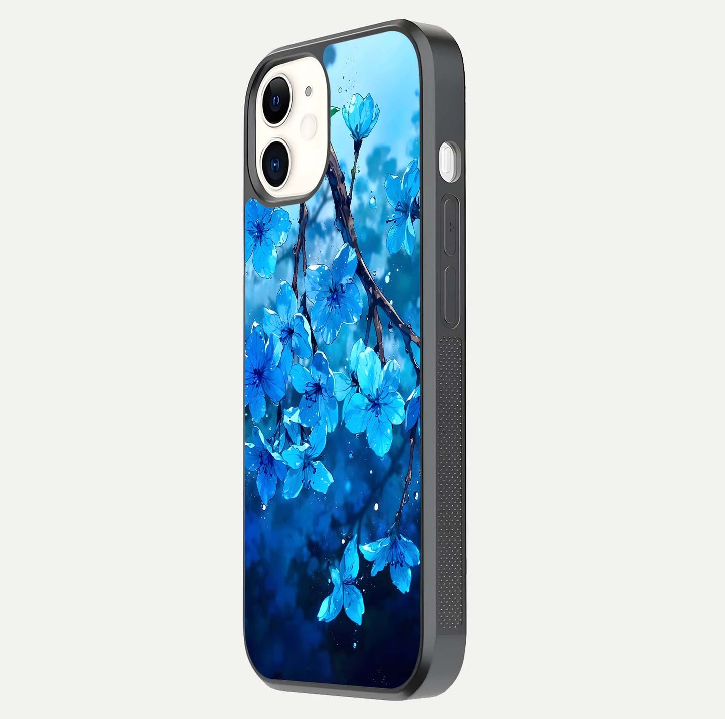 Blue Blossoms Branch Glass Case for iphone-12 side-angle image showing blossom pattern flow and glossy texture