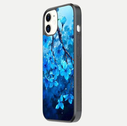 Blue Blossoms Branch Glass Case for iphone-12 side-angle image showing blossom pattern flow and glossy texture