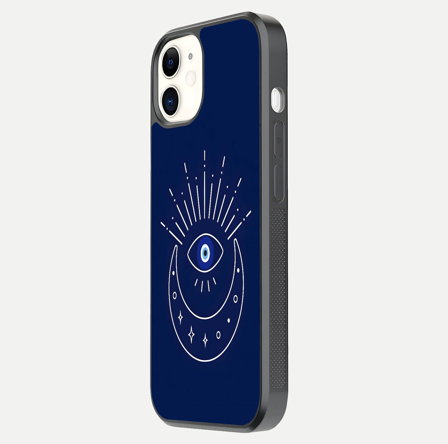 Blue Evil Eye Glass Case for iphone-12 side-angle view showing edge glow, color balance, and reflective surface