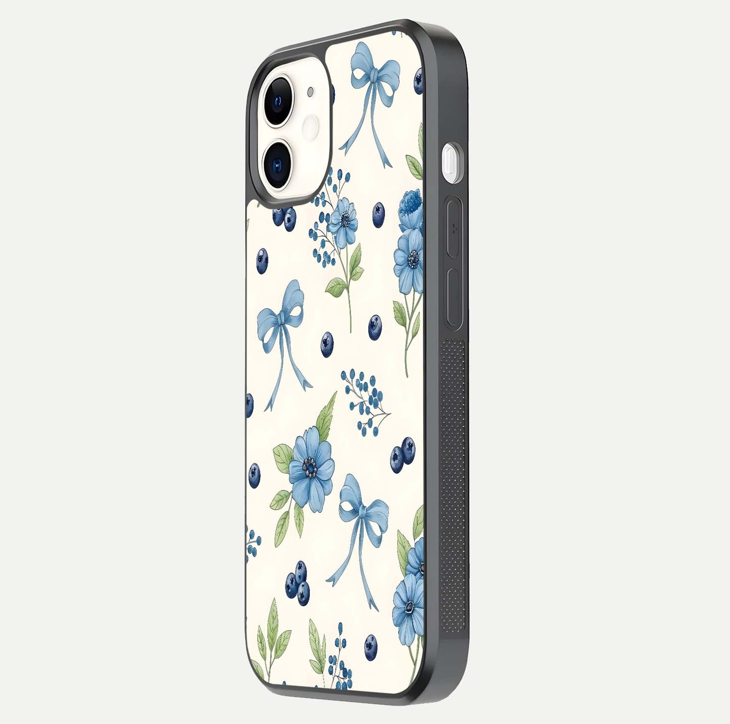 Blue Flower & Bow Glass Case for iphone-12 side-angle image showing bow-floral mix and HD finish shine