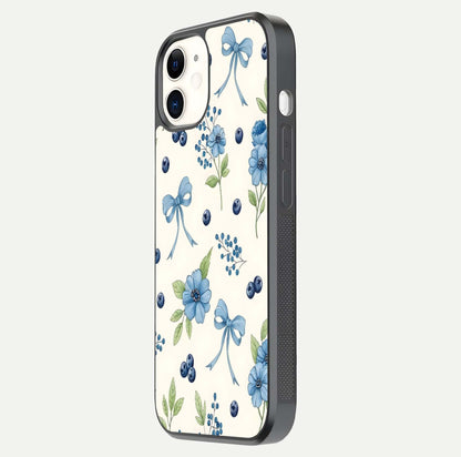 Blue Flower & Bow Glass Case for iphone-12 side-angle image showing bow-floral mix and HD finish shine