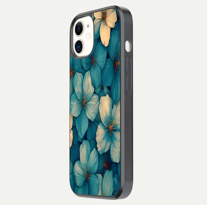 Blue Shade Floral Glass Case for iphone-12 side-angle photo showing detailed floral hues and curved glass shine
