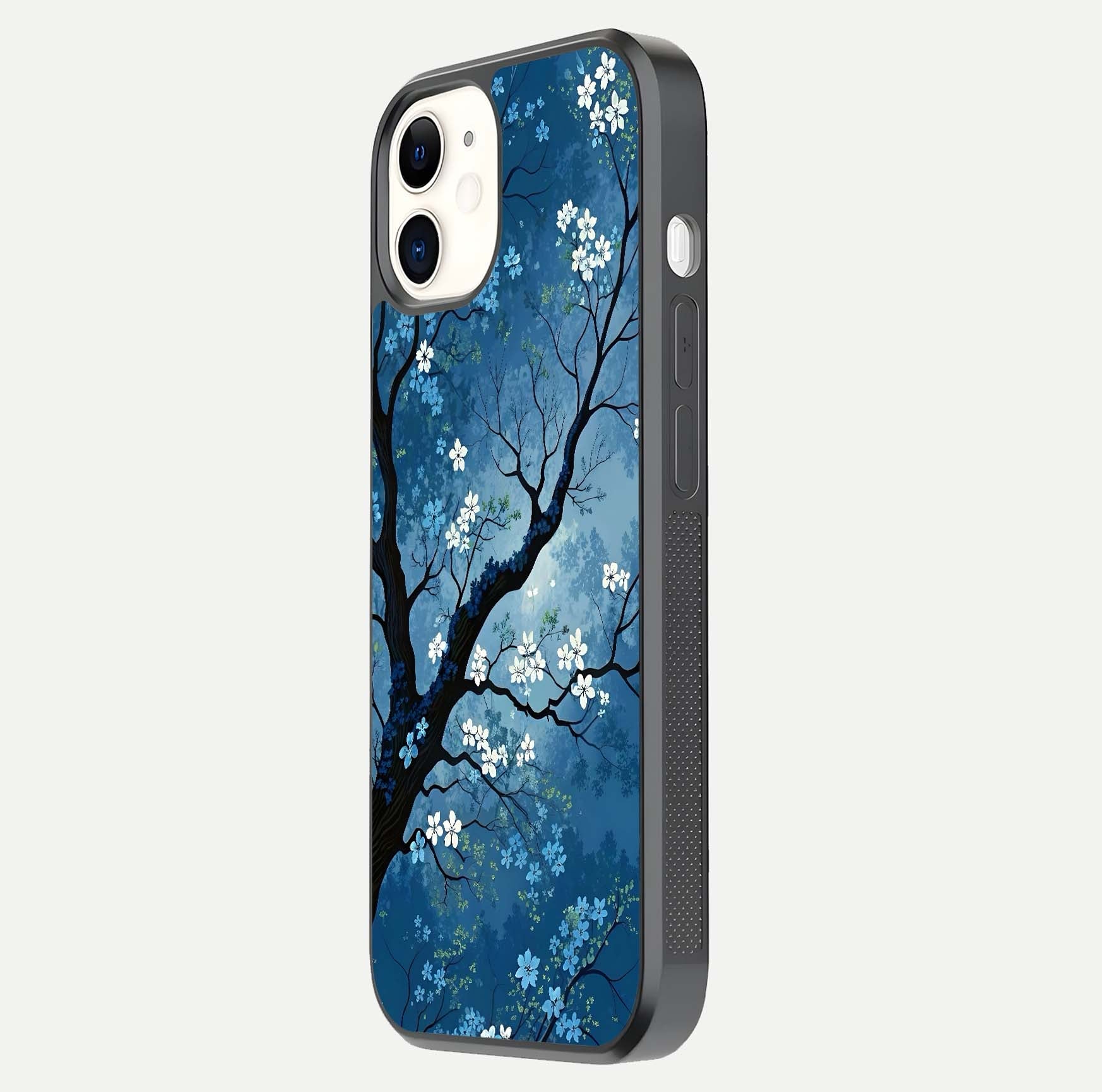 Blue Tree Serenity Glass Case for iphone-12 side-angle shot showing glossy edge and tree pattern reflection