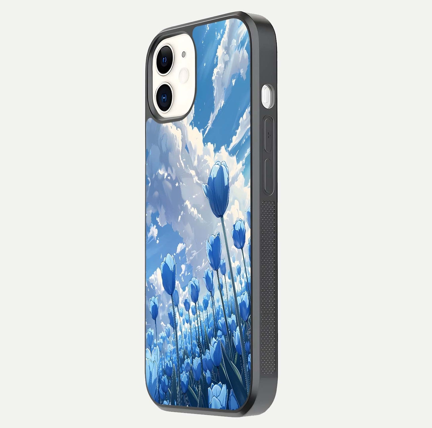 Blue Tulip Clouds Glass Case for iphone-12 side-angle image showing edge curve and flower reflection glow