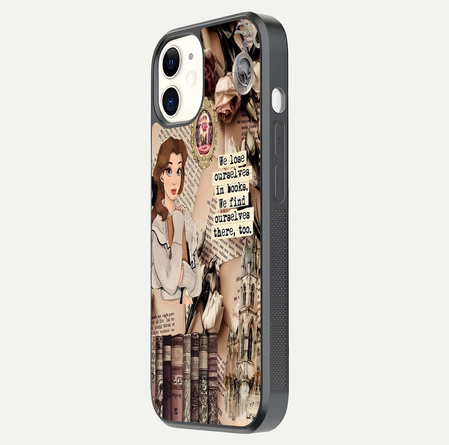 Bookish Dream World Glass Case for iphone-12 side-angle image showing detail depth and smooth corner polish