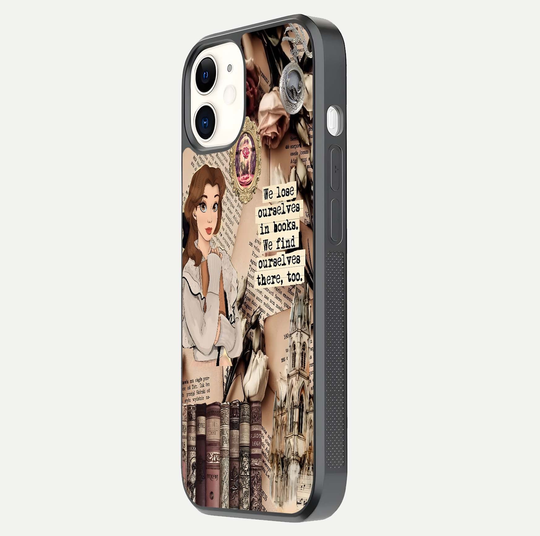 Bookish Dream World Glass Case for iphone-12 side-angle image showing detail depth and smooth corner polish