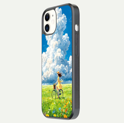 Breezy Meadow Ride Glass Case for iphone-12 side-angle image showing floral details and edge glow