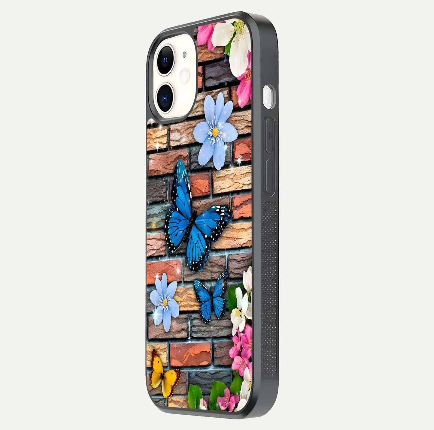 Brick Bloom Flight Glass Case for iphone-12 side-angle photo showing curve shine and detailed petal contrast