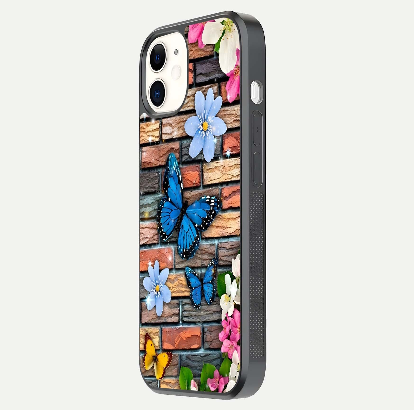 Brick Bloom Flight Glass Case for iphone-12 side-angle photo showing curve shine and detailed petal contrast