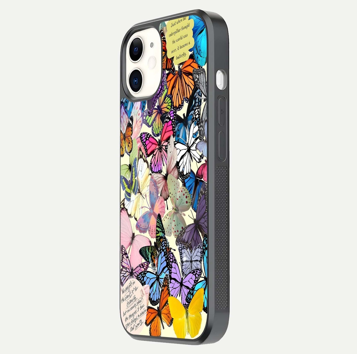Butterflies Petal Dream Glass Case for iphone-12 side-angle shot showing butterfly motion and curved edges