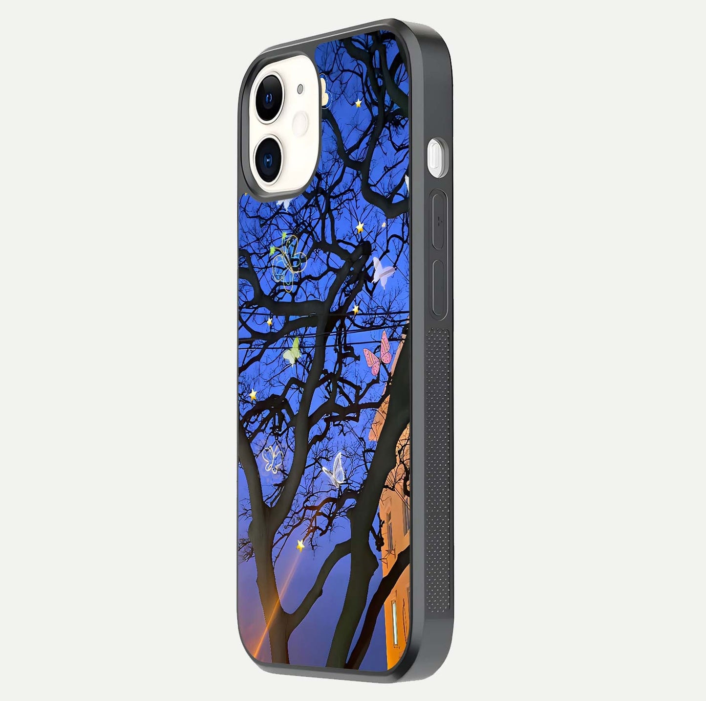 Butterfly Night Magic Glass Case for iphone-12 side-angle view capturing butterfly contrast and glossy depth