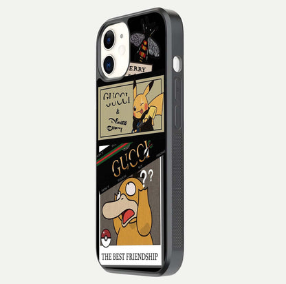 Cartoon Brand Play Mashup Glass Case for iphone-12 side-angle image showing reflection brightness and fun graphic mix