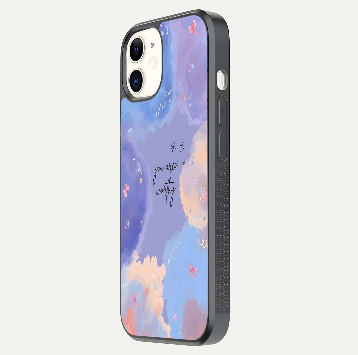 Celestial Cloud Magic Glass Case for iphone-12 side-angle photo showing edge reflection and dreamy texture