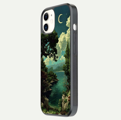 Celestial Lake Peace Glass Case for iphone-12 side-angle image displaying reflective glow and gentle edges