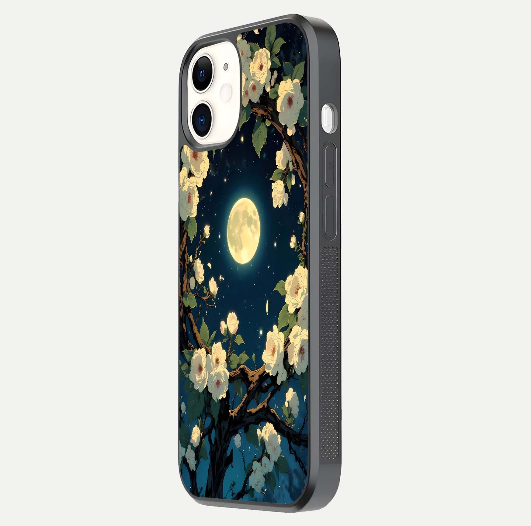 Celestial Moon & Flower Glass Case for iphone-12 side-angle image showing edge smoothness and glow reflection