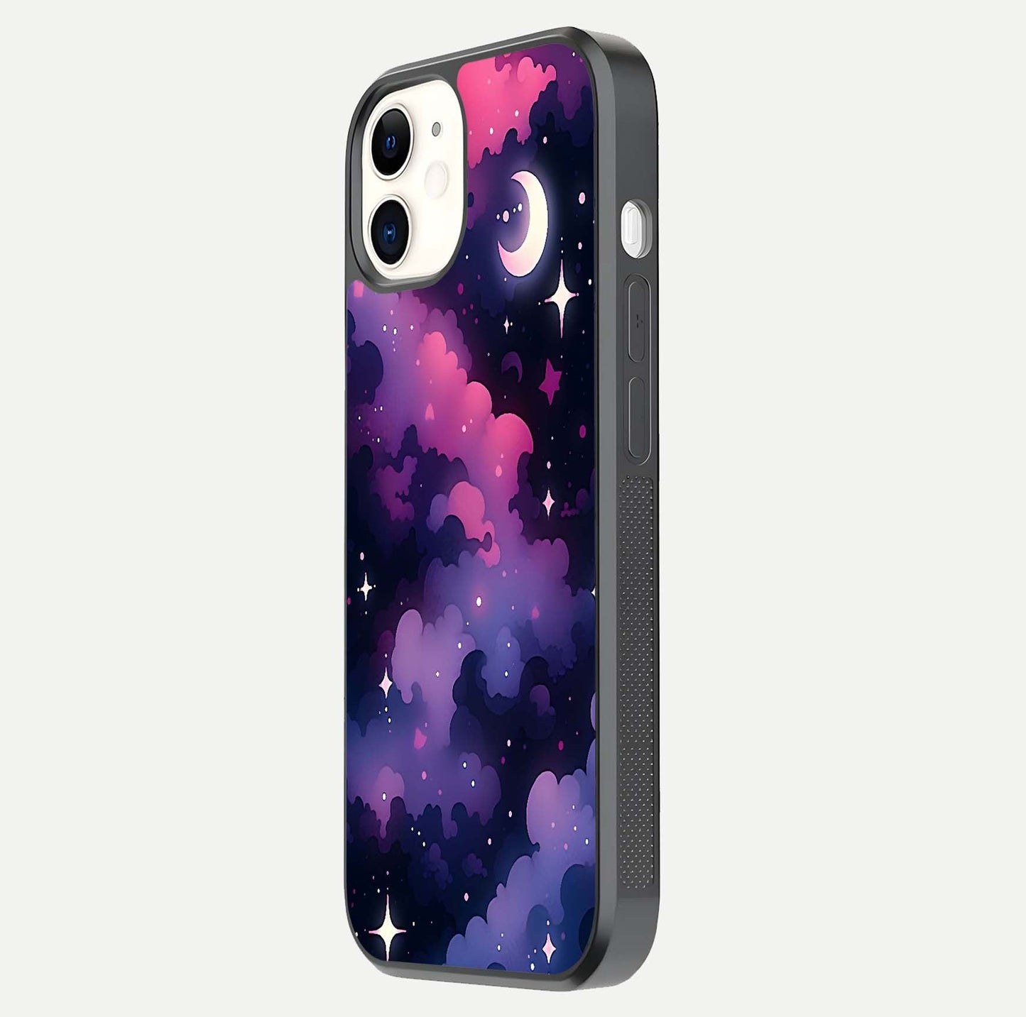Celestial Moon Magic Glass Case for iphone-12 side-angle shot capturing soft reflection and curved gloss