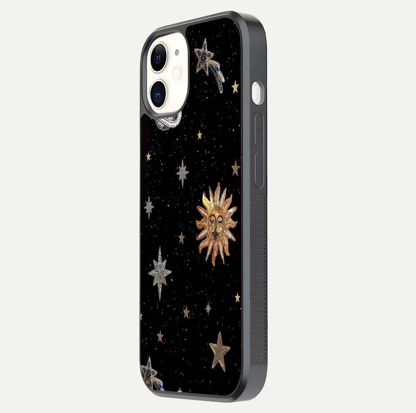 Celestial Moon With Stars Glass Case for iphone-12 side-angle view showing curved edges and shimmer glow