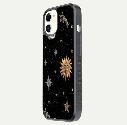 Celestial Moon With Stars Glass Case for iphone-12 side-angle view showing curved edges and shimmer glow