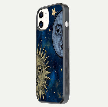 Celestial Moon With Sun Glass Case for iphone-12 side-angle image showing reflection tones and cosmic edge