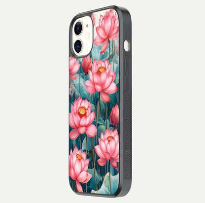 Celestial Pink Lotus Glass Case for iphone-12 side-angle image showing reflective shine and petal curve