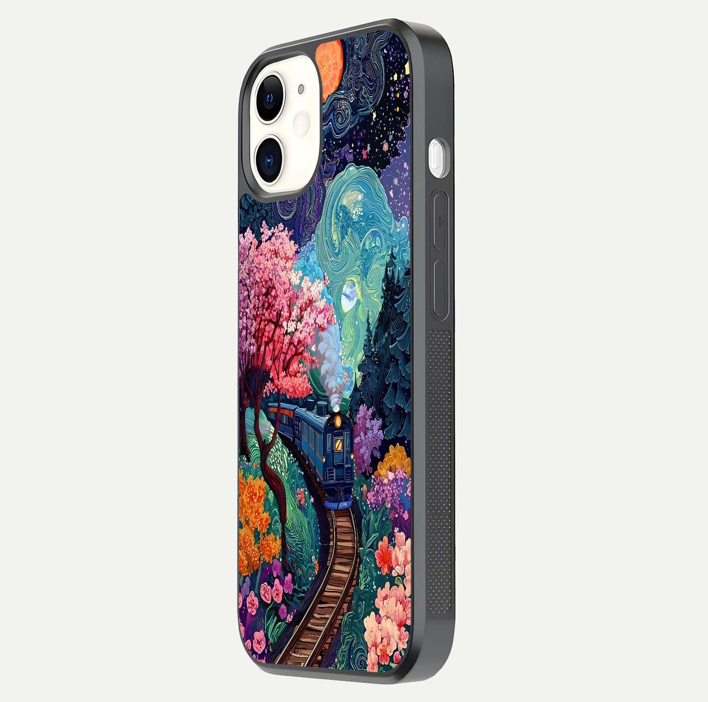Celestial Train Journey Glass Case for iphone-12 side-angle image showing polished curve and HD print detail