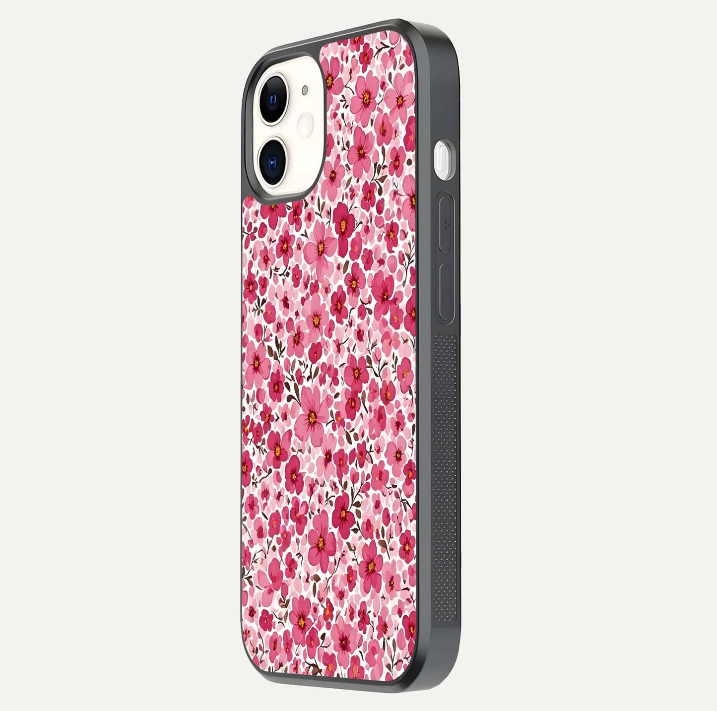 Cherry Blossom Charm Glass Case for iphone-12 side-angle image showing reflection gloss and soft texture