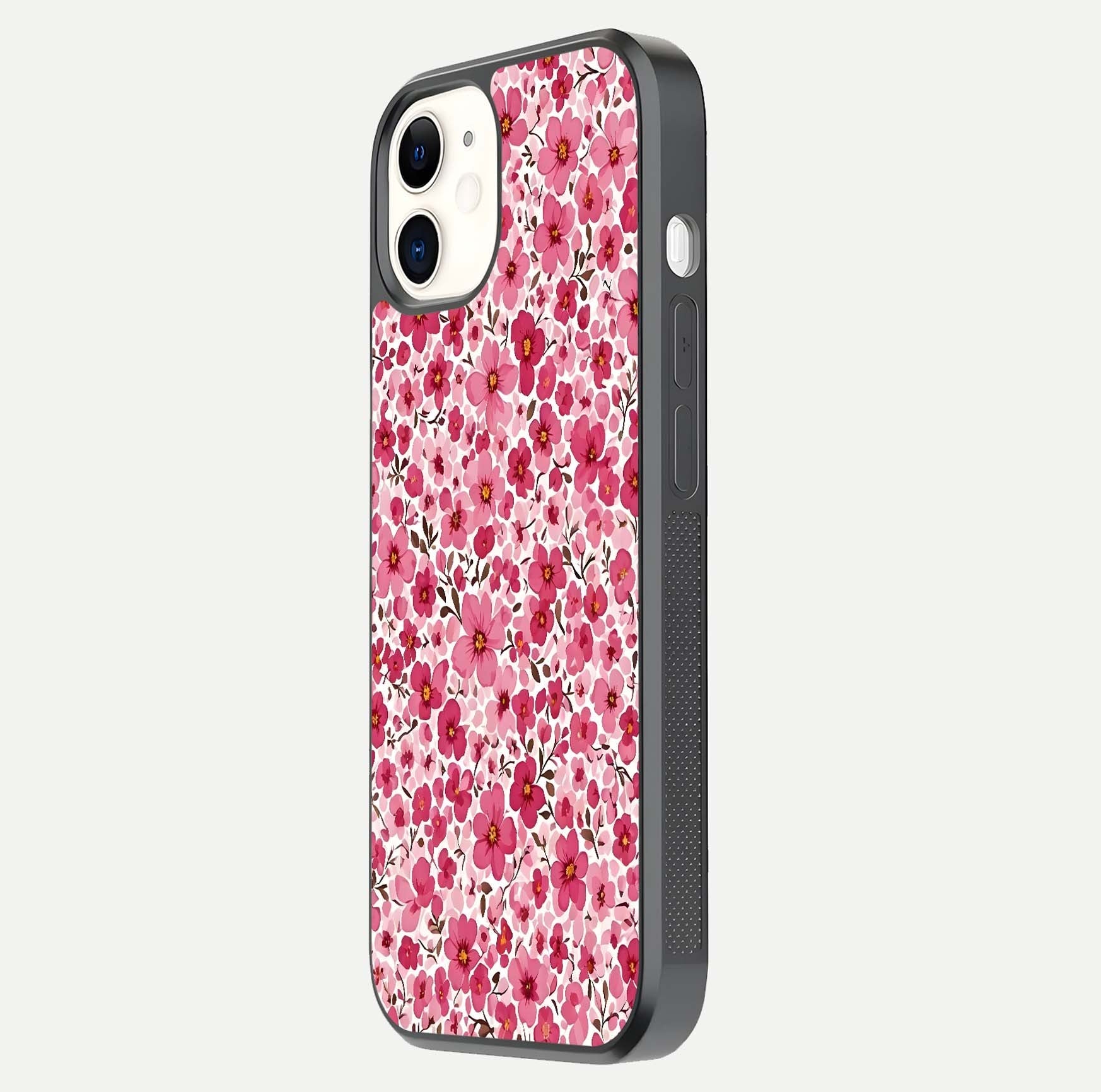 Cherry Blossom Charm Glass Case for iphone-12 side-angle image showing reflection gloss and soft texture