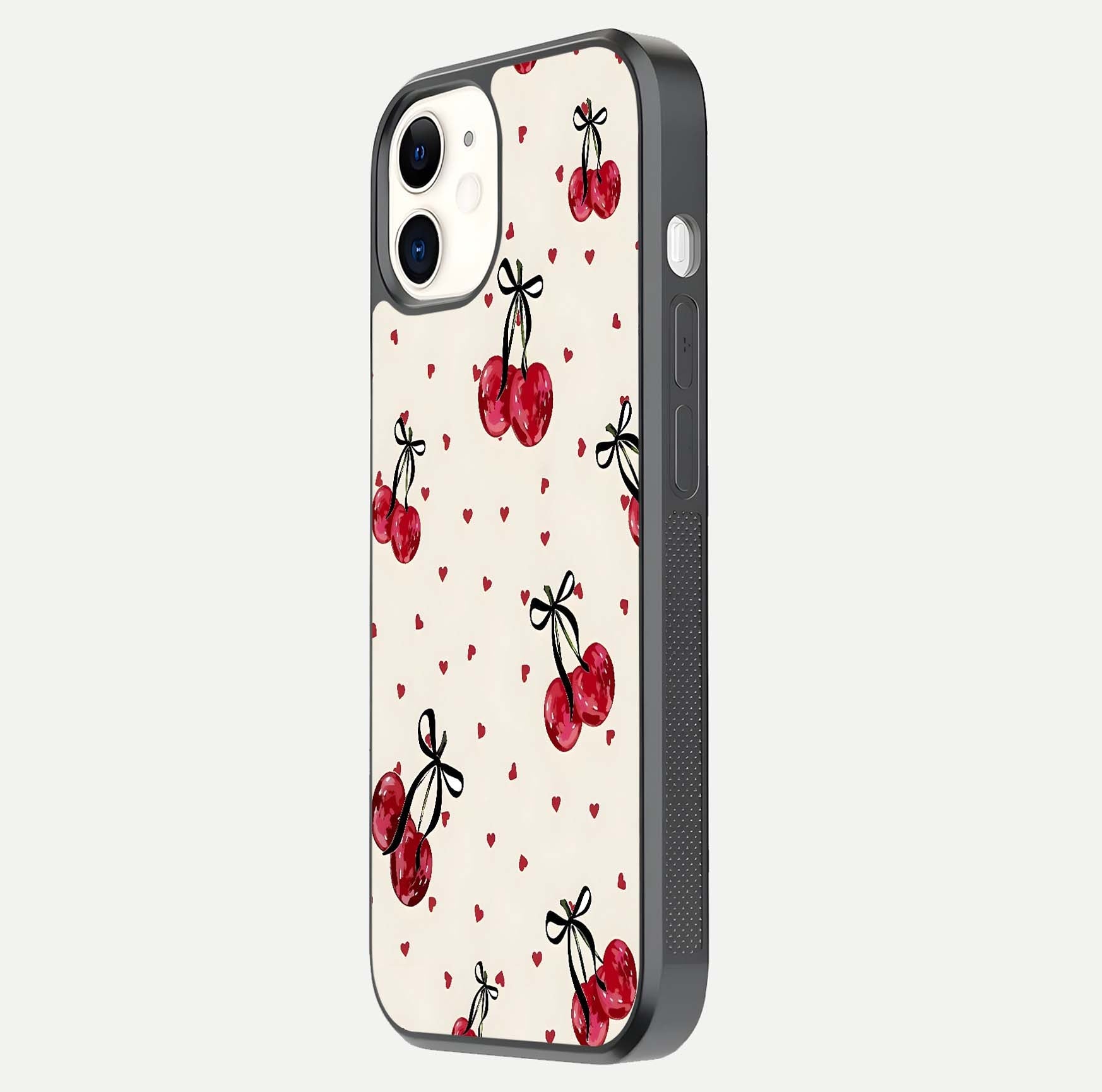 Cherry Heart Bow Glass Case for iphone-12 side-angle image capturing gloss texture and charm bow art