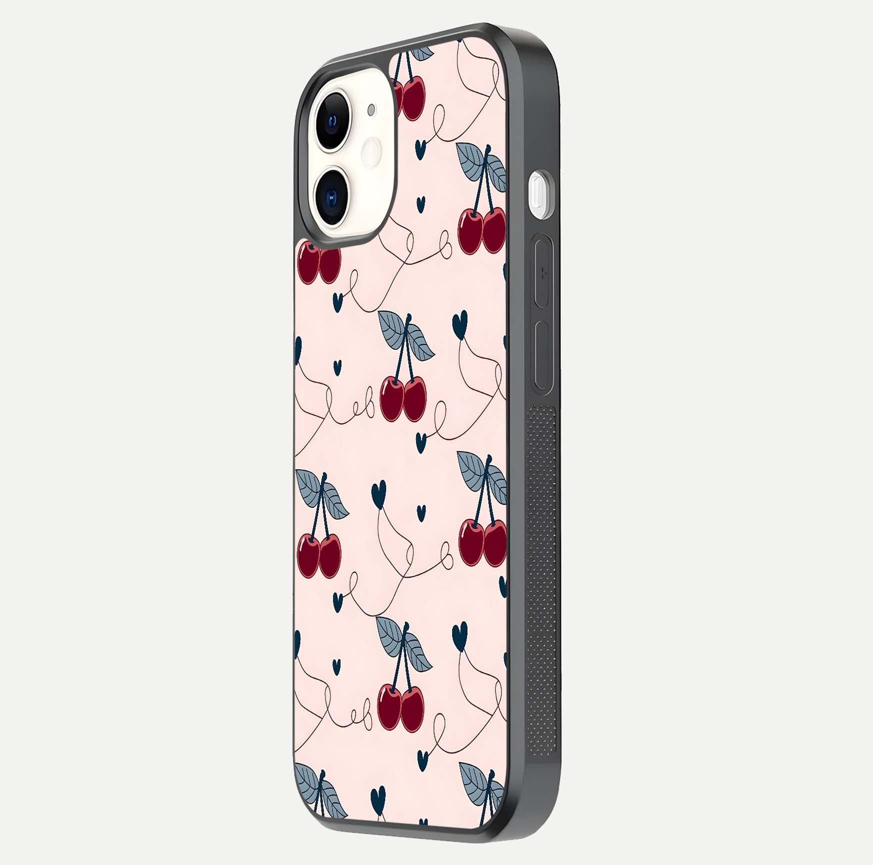 Cherry Heart Line Glass Case for iPhone 12 Mini side-angle view capturing smooth curves and shine effect