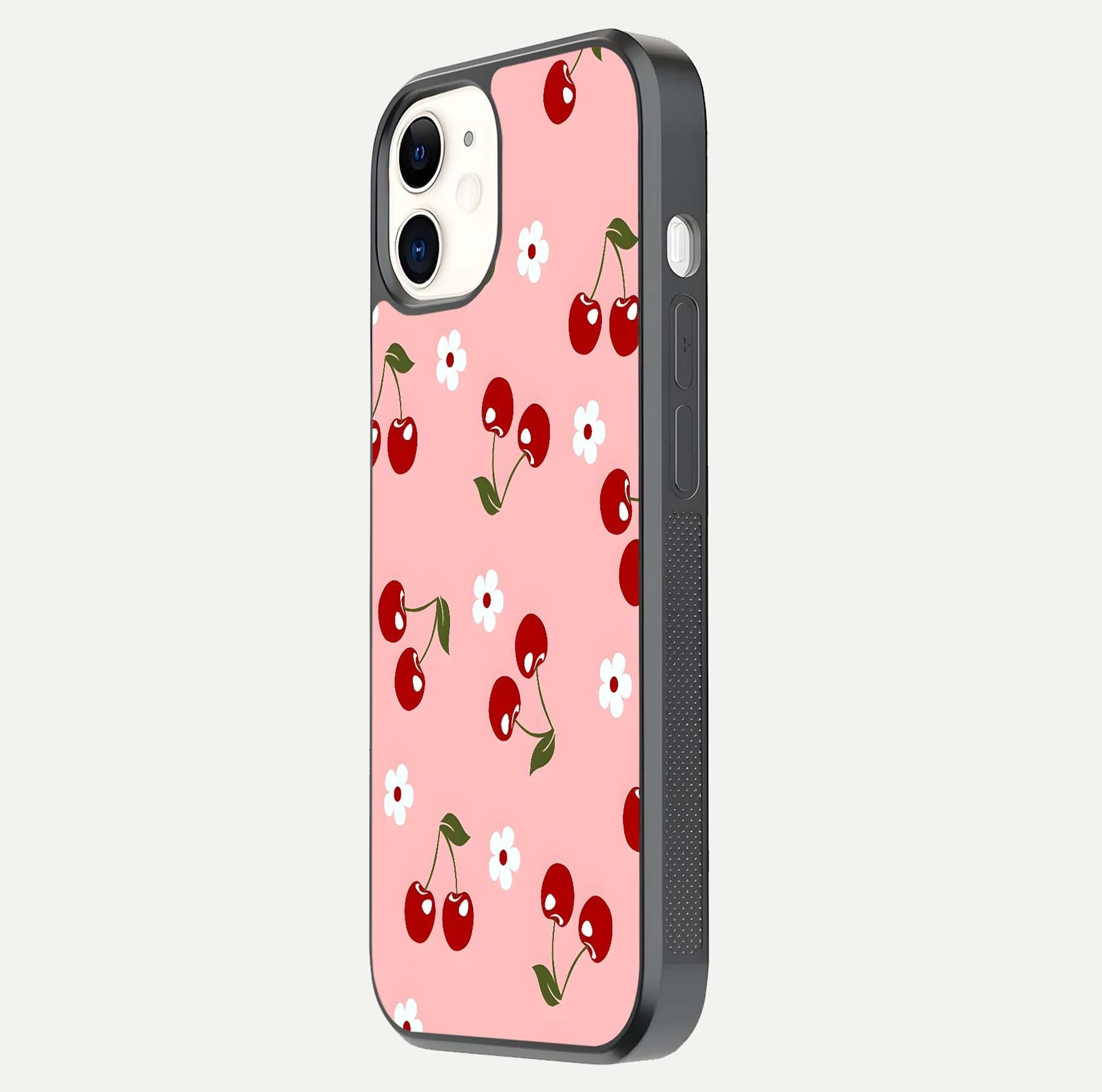 Cherry Love Mood Glass Case for iphone-12 side-angle image capturing smooth gloss and delicate details