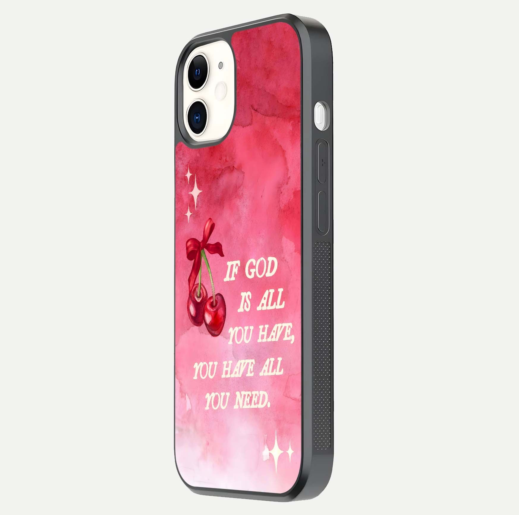 Cherry Quote Glass Case for iphone-12 side-angle image showing curve glow and glass detail