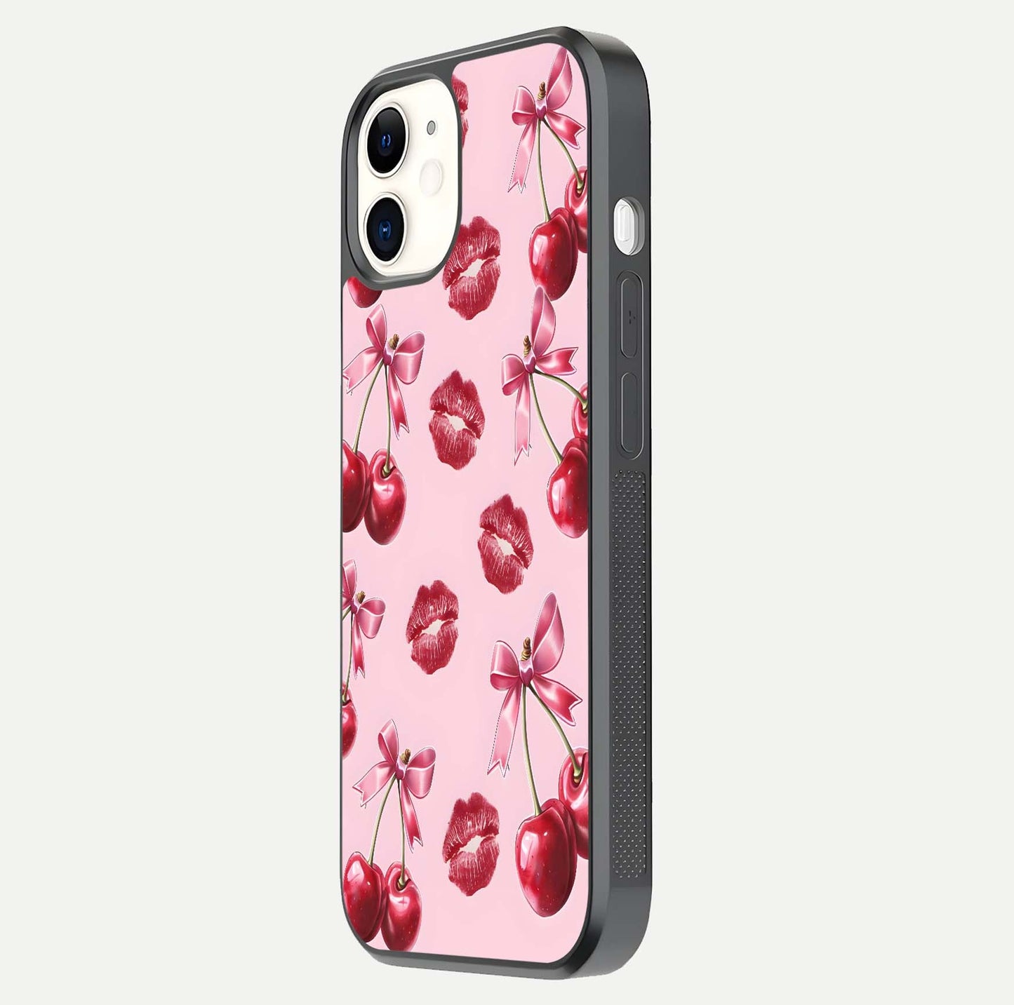Cherry With Lips Glass Case for iphone-12 side-angle image showing gloss reflection and fine details