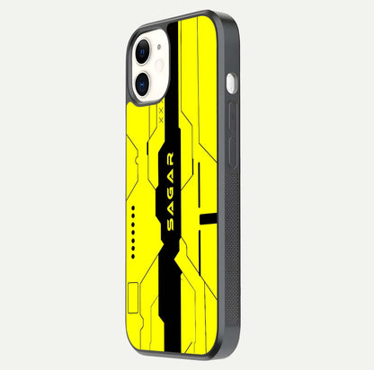 Circuit CYBERPUNK Custom Name Glass Case for iphone-12 side-angle image showing reflective finish and design precision