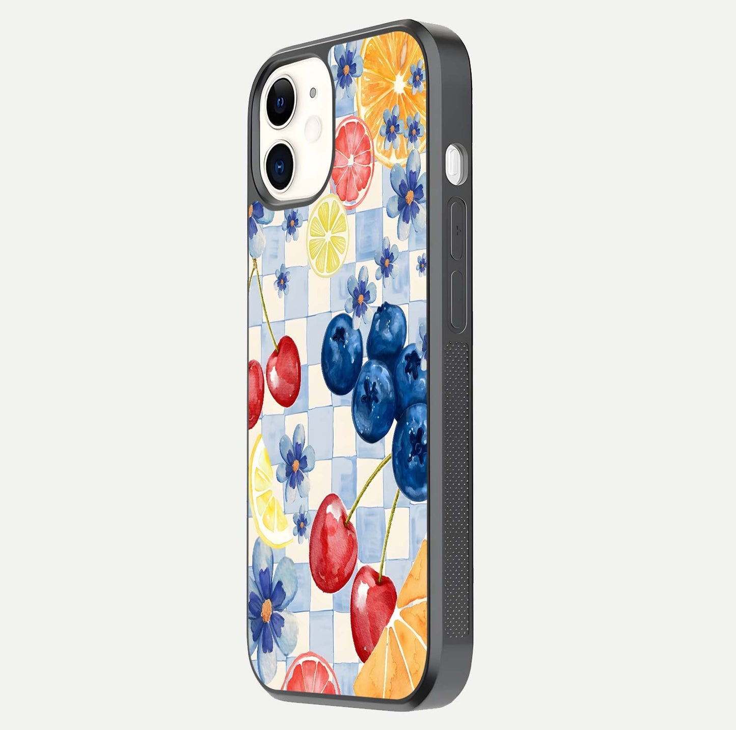 Citrus Bloom Joy Glass Case for iphone-12 side-angle photo capturing bright color and glass reflection