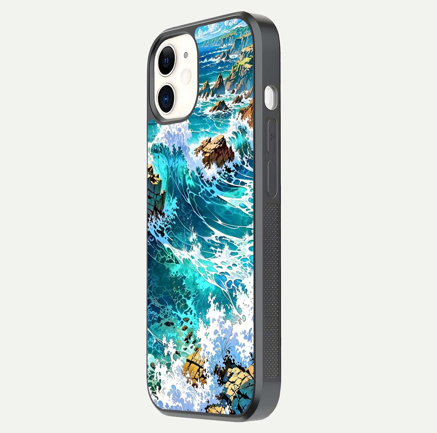 Coastal Blue Waves Glass Case for iphone-12 side-angle photo showing gloss texture and color depth
