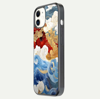Colored Waves Glass Case for iphone-12 side-angle image showing light reflection, edge design, and shine