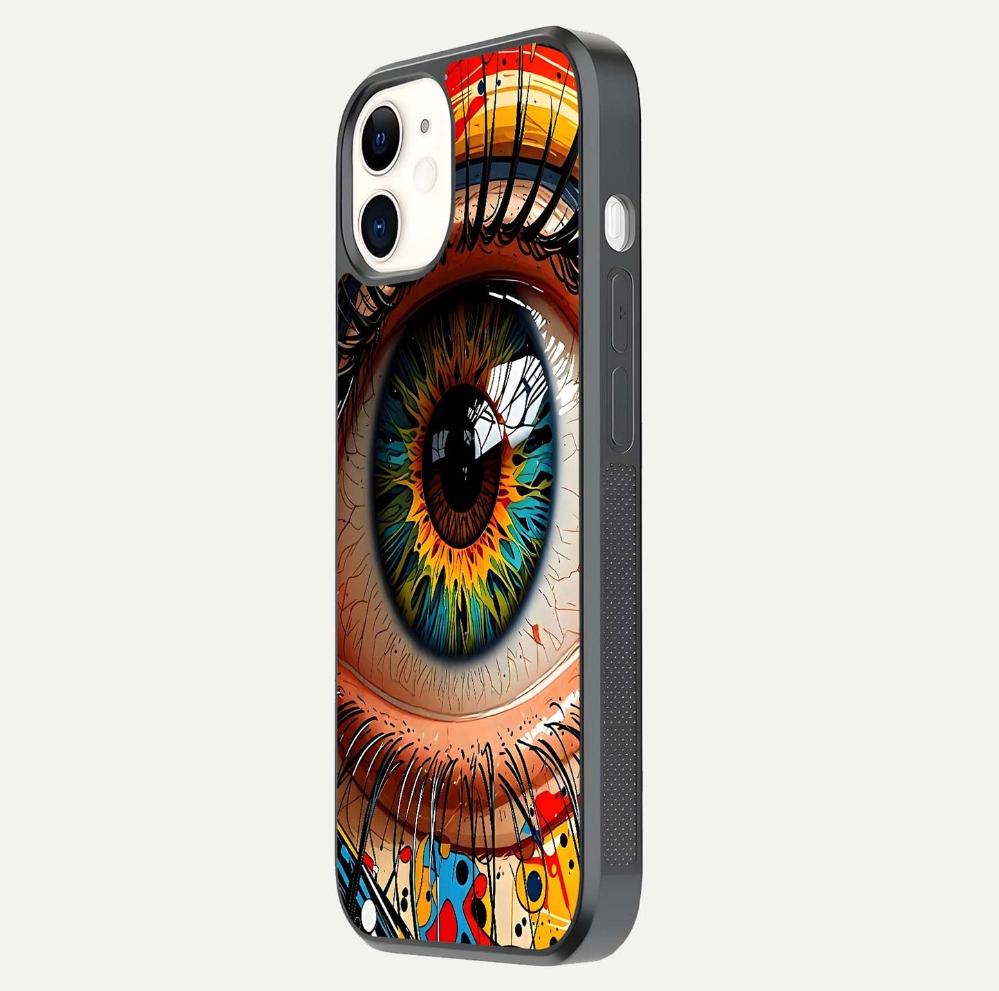 Colorful Eye Glass Case for iphone-12 side-angle photo showing reflective surface and design detail
