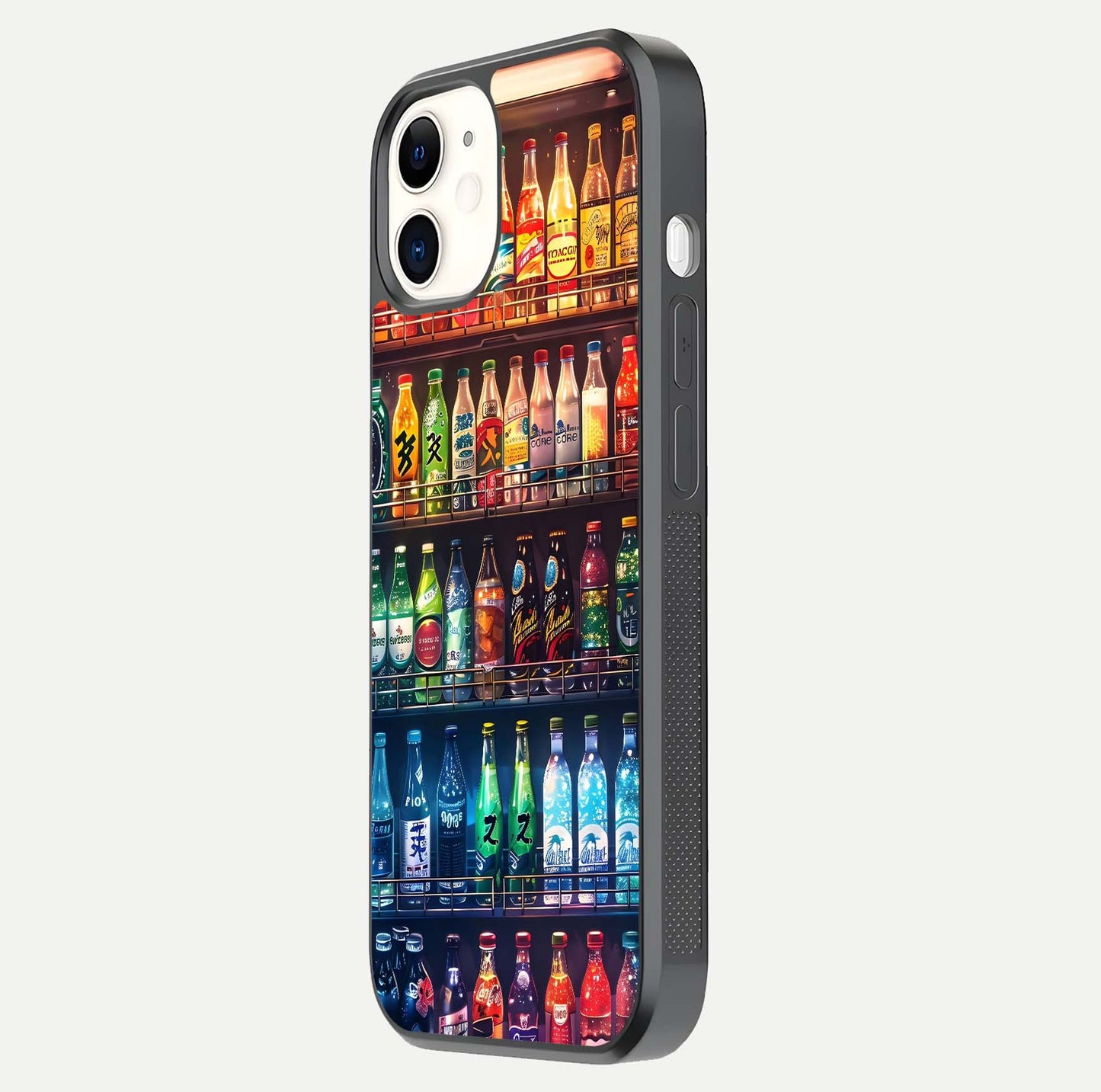 Colorful Soda Bottles Glass Case for iphone-12 side-angle photo showing polish shine and texture depth