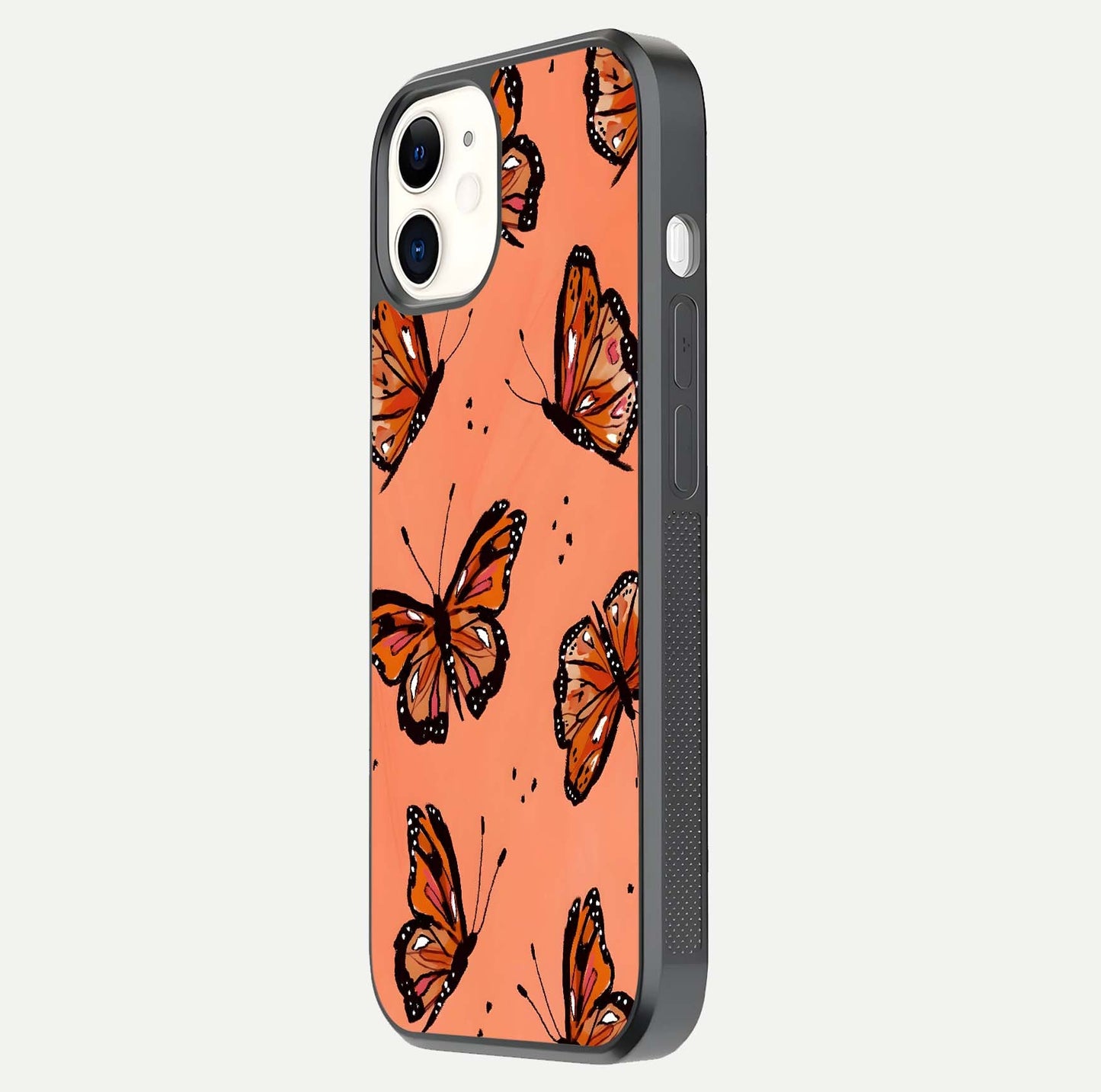 Coral Wing Butterfly Glass Case for iphone-12 side-angle photo showing reflective finish and smooth edges