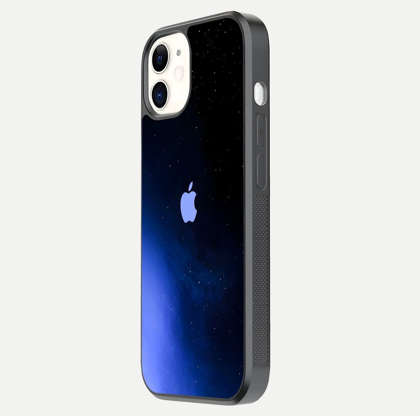 Cosmic Blue Apple Glass Case for iphone-12 side-angle image showing curve polish and star detail
