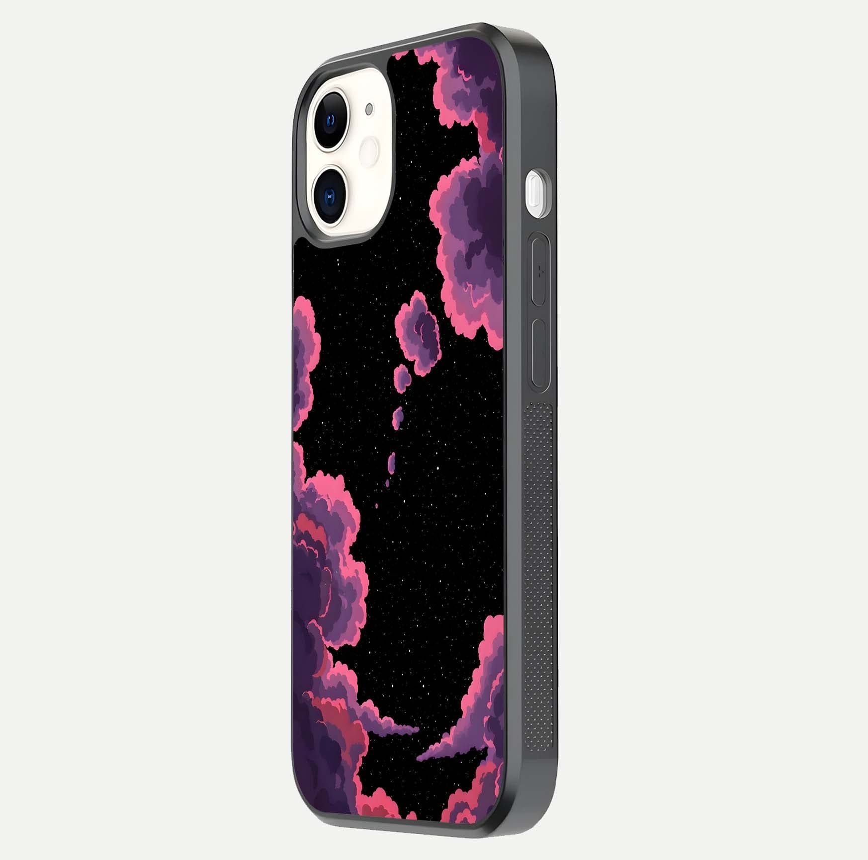 Cosmic Cloud Journey Glass Case for iphone-12 side-angle photo showing glass reflection and smooth tone