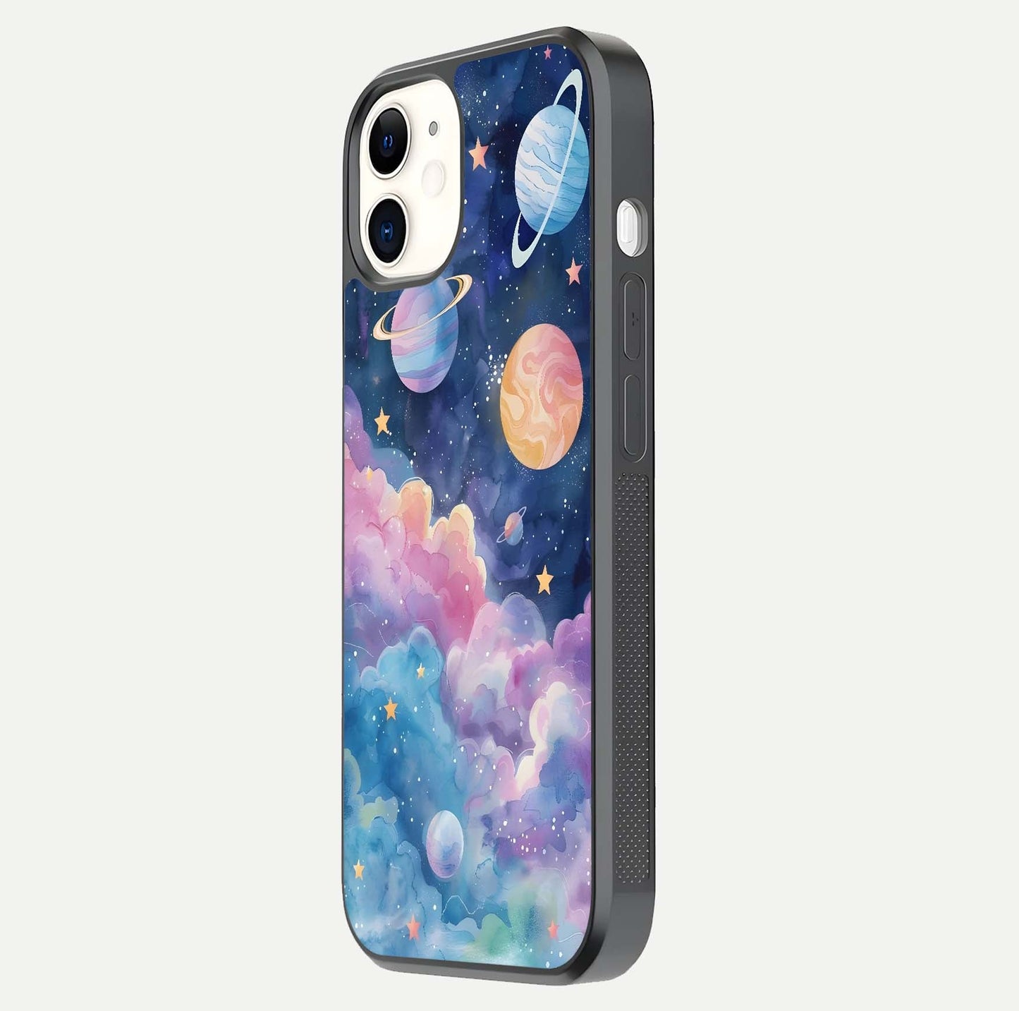 Cosmic Planet Dreams Glass Case for iphone-12 side-angle image showing texture clarity and shine