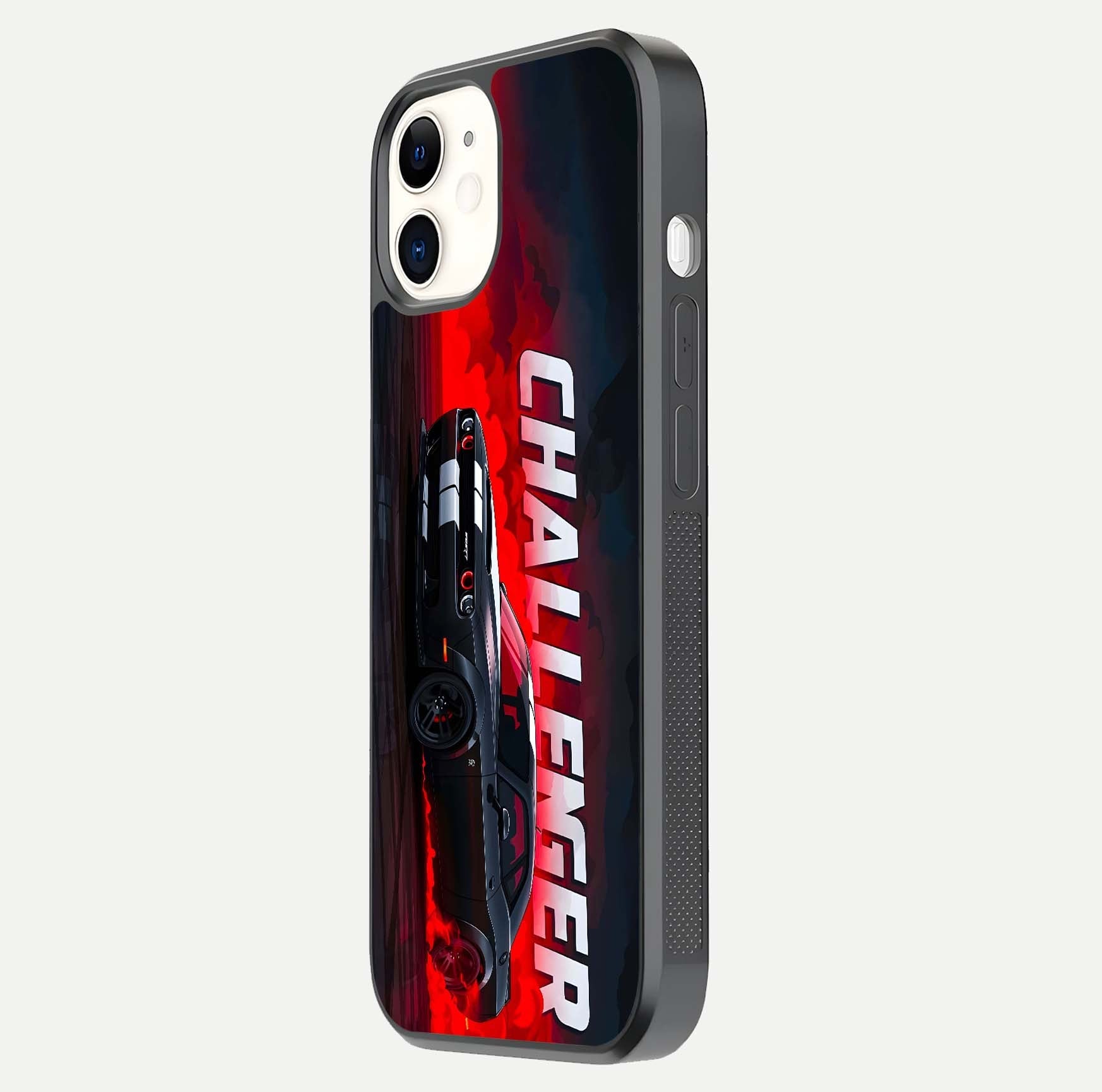 Crimson Challenger Fury Glass Case for iphone-12 side-angle image showing curve reflection and red finish