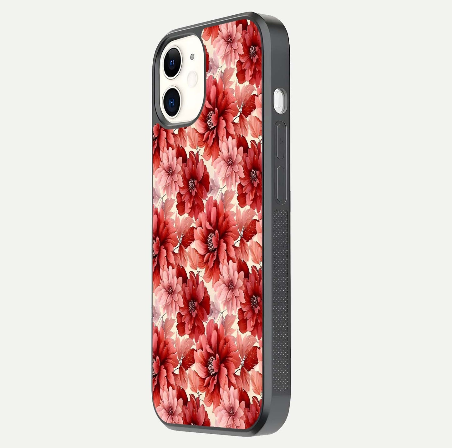 Crimson Love Petals Glass Case for iphone-12 side-angle photo showing reflection glow and edge clarity