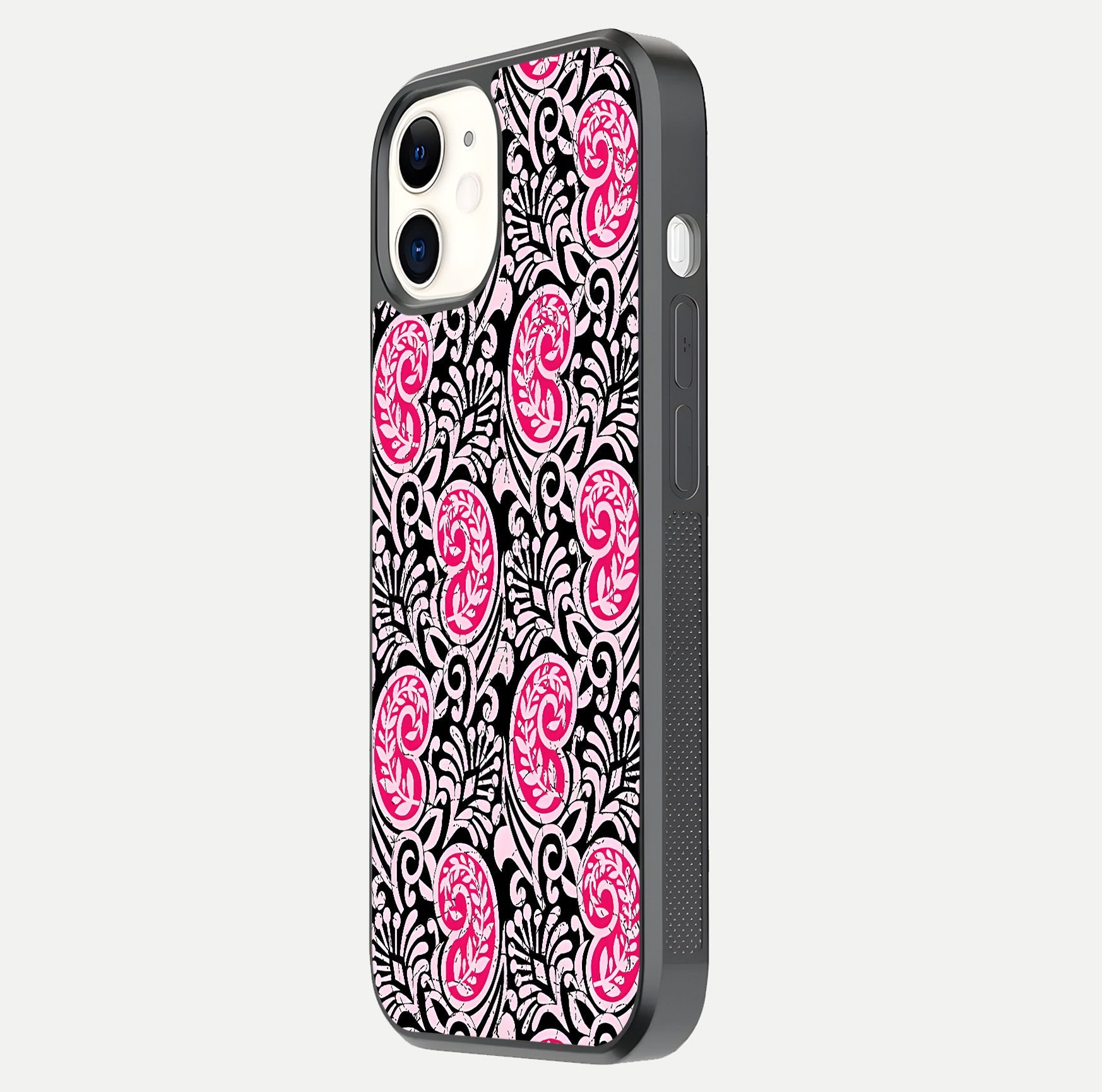 Crimson Paisley Charm Glass Case for iphone-12 side-angle image showing reflection and smooth edges