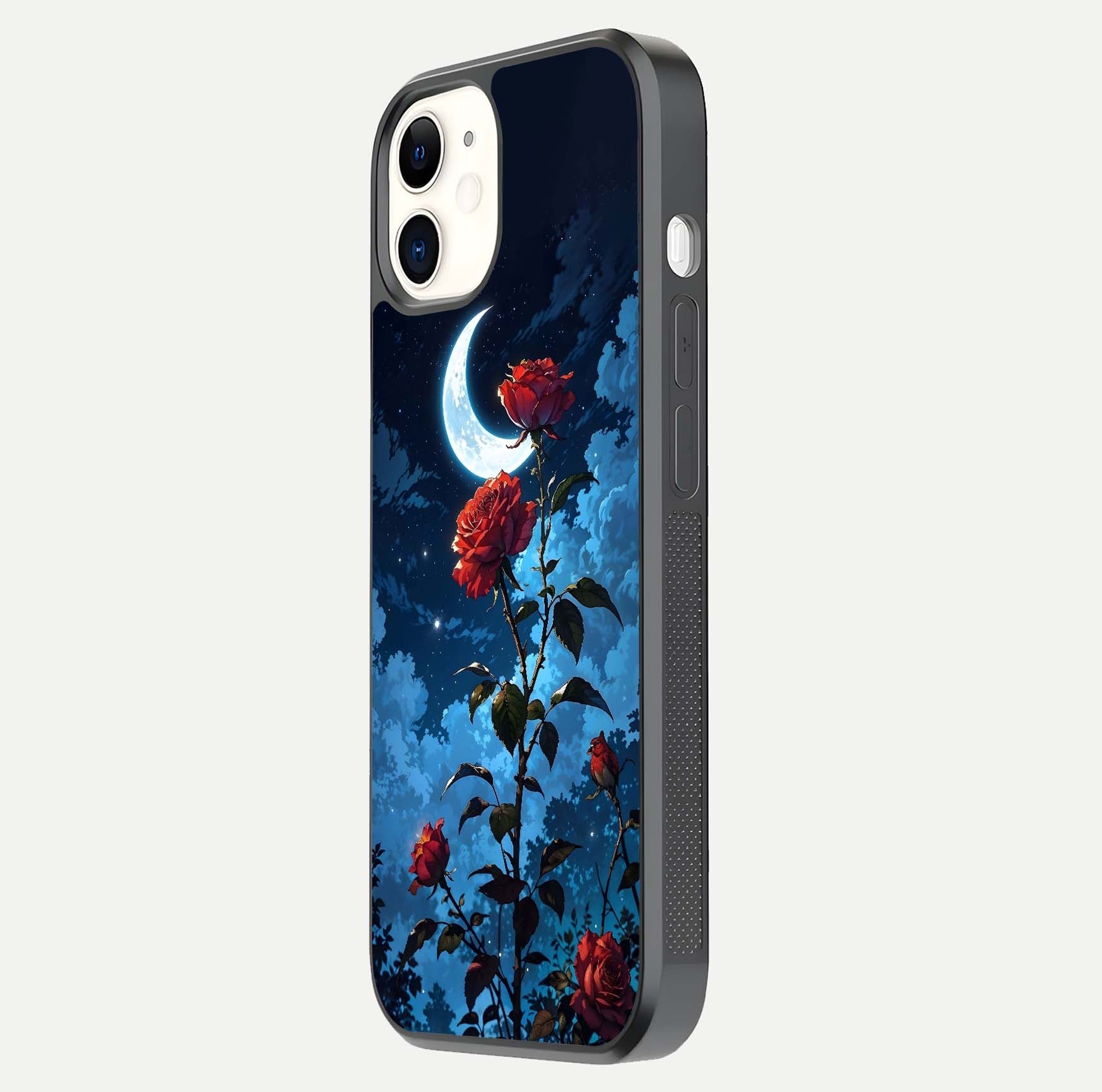Crimson Rose Moon Glass Case for iphone-12 side-angle photo showing reflective texture and smooth curve
